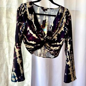 Material Girl Bell Sleeve Tie Front Crop Top in Black and Cream